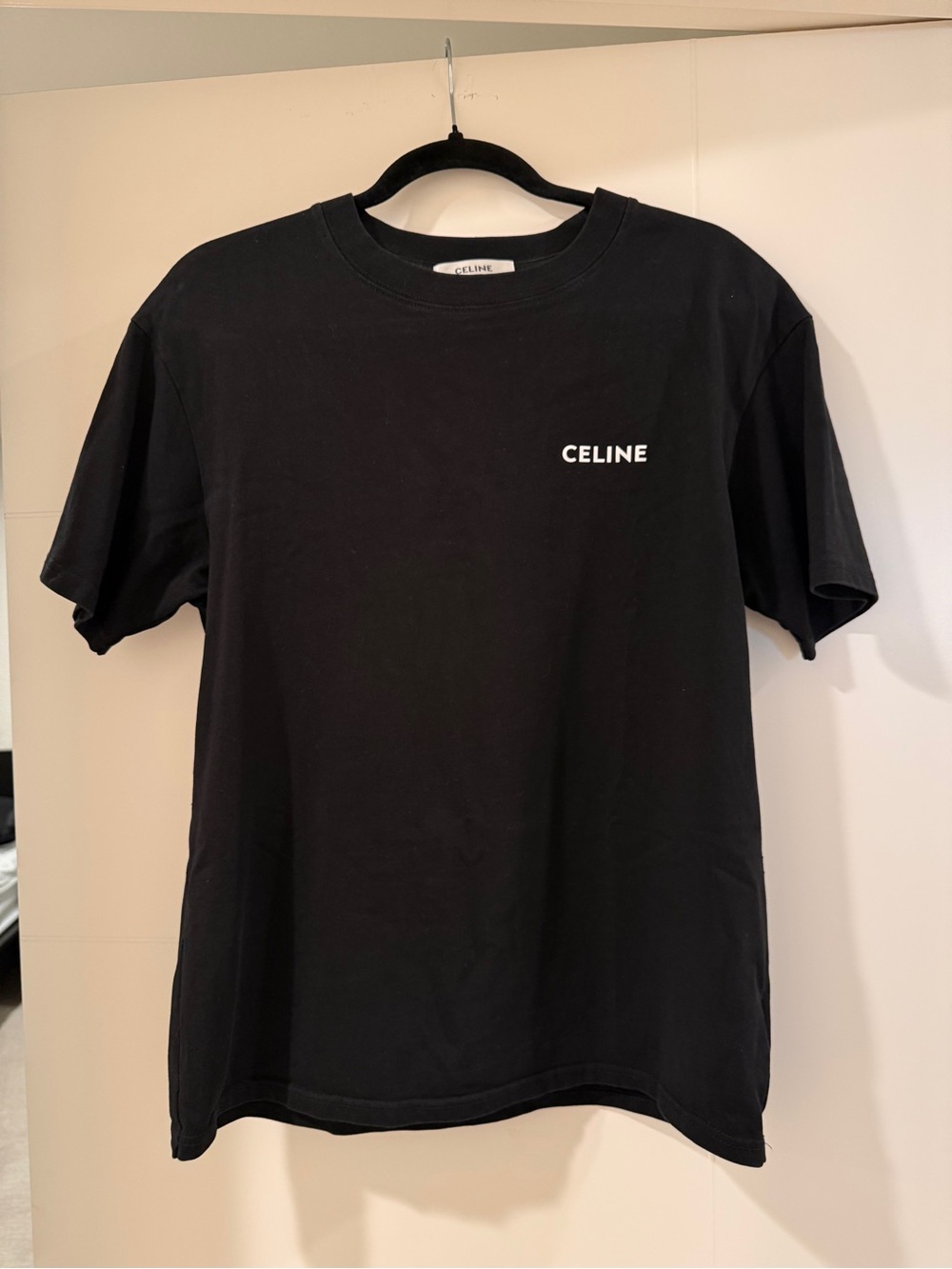 Celine Men’s Black/White Printed Logo Short Sleeve T-Shirt Size Small